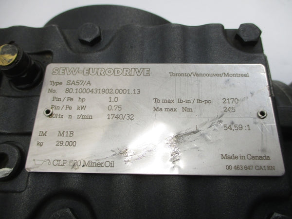 SEW-EURODRIVE SA57DRE80M4BE1HF/ASB8 480V 1.38A UNMP