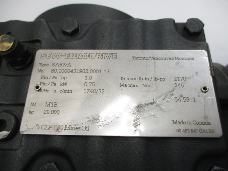 SEW-EURODRIVE SA57DRE80M4BE1HF/ASB8 480V 1.38A UNMP
