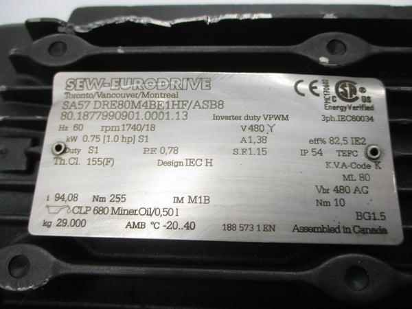 SEW-EURODRIVE SA57DRE80M4BE1HF/ASB8 480V 1.38A UNMP