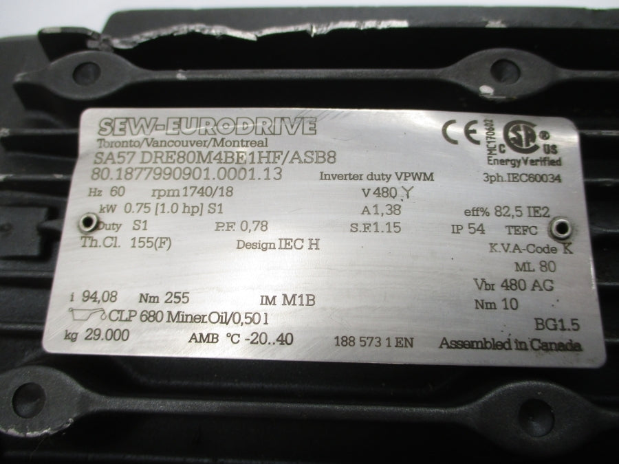 SEW-EURODRIVE SA57DRE80M4BE1HF/ASB8 480V 1.38A UNMP