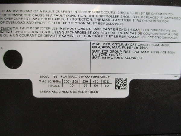 SIEMENS 3RV1341-4JC10 600VAC 63A NSMP