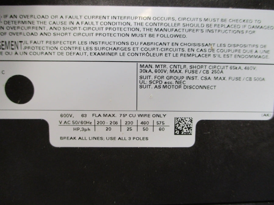 SIEMENS 3RV1341-4JC10 600VAC 63A NSMP