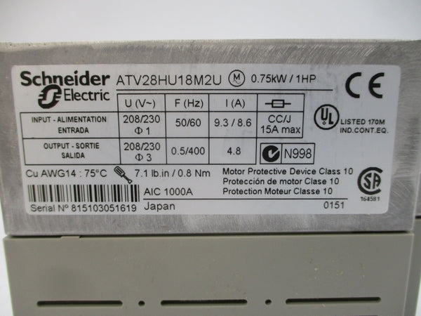 TELEMECANIQUE ATV28HU18M2U 208/230VAC 9.3/8.6A NSMP