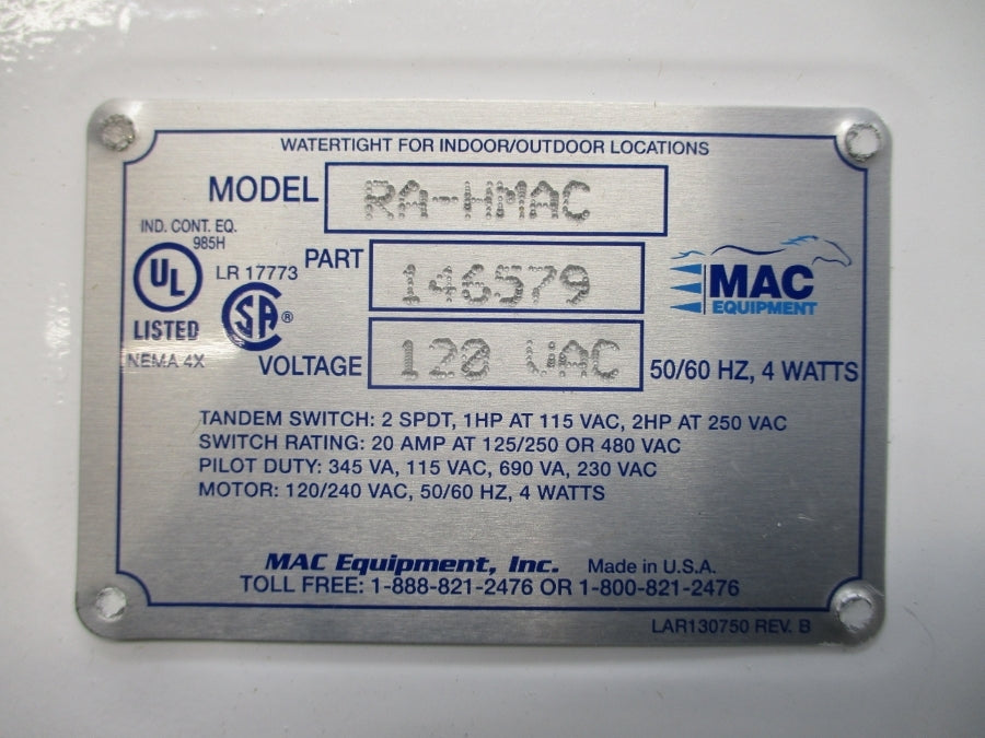 MAC EQUIPMENT RA-HMAC 146579 120VAC 20A NSNP