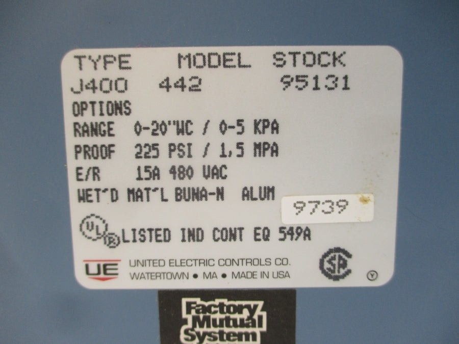 UNITED ELECTRIC CONTROLS J400-442 480VAC 15A 225PSI NSMP