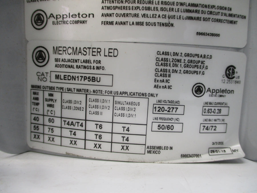 APPLETON MLEDNW172P5BUH1 120-277V 0.63-0.28A NSMP