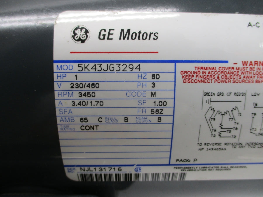 GENERAL ELECTRIC 5K43JG3294 230/460V 3.40/1.70A NSNP
