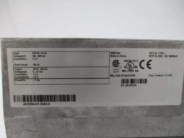 ABB ACS550-U1-03A3-4 F/W V.3.00C 380-480VAC 3.3A NSMP