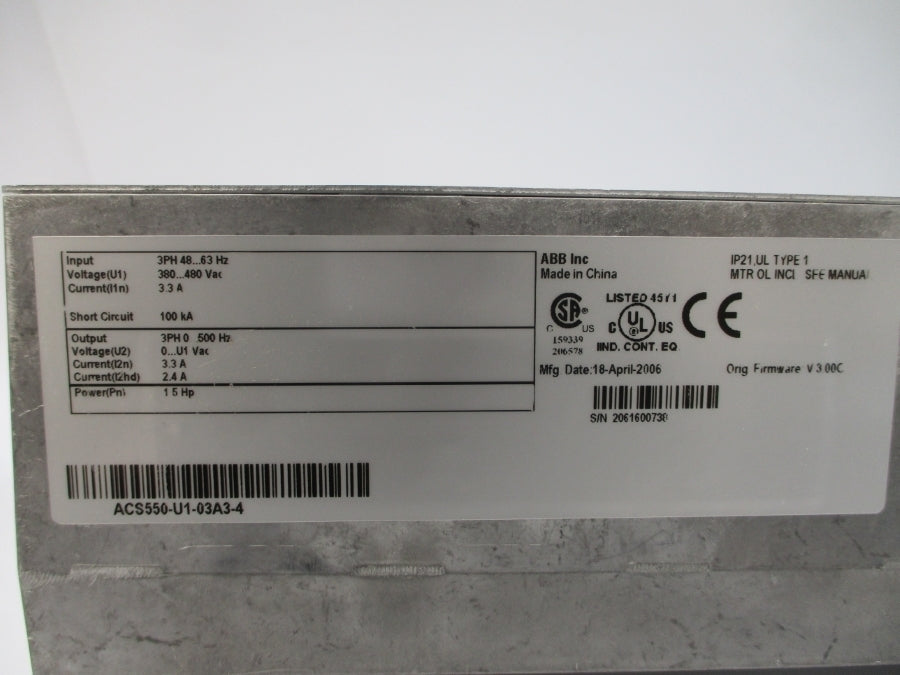 ABB ACS550-U1-03A3-4 F/W V.3.00C 380-480VAC 3.3A NSMP