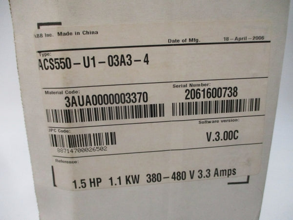 ABB ACS550-U1-03A3-4 F/W V.3.00C 380-480VAC 3.3A NSMP