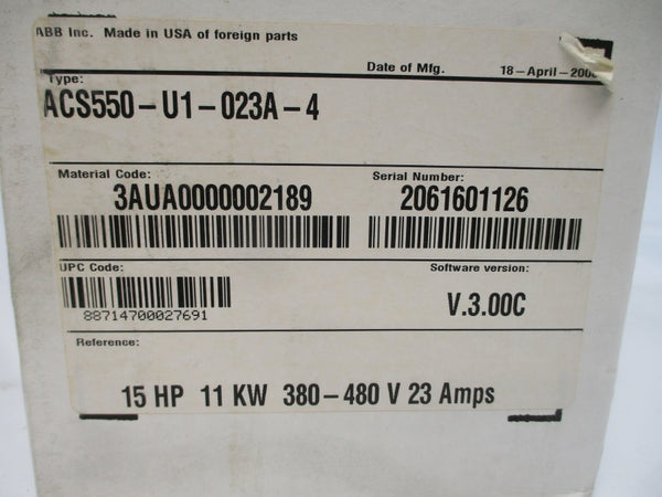 ABB ACS550-U1-023A-4 F/W V.3.00C 380-480VAC 23A NSMP