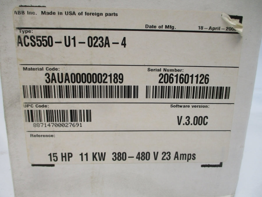ABB ACS550-U1-023A-4 F/W V.3.00C 380-480VAC 23A NSMP