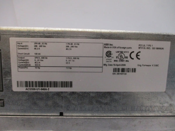 ABB ACS550-U1-046A-2 F/W V.3.00C 208-240VAC 46.2A NSMP