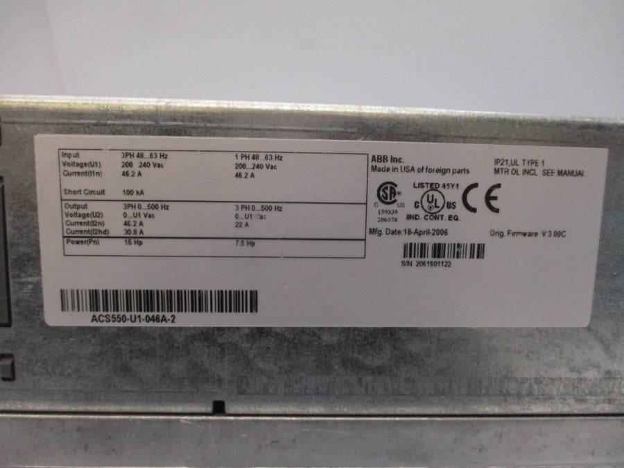 ABB ACS550-U1-046A-2 F/W V.3.00C 208-240VAC 46.2A NSMP
