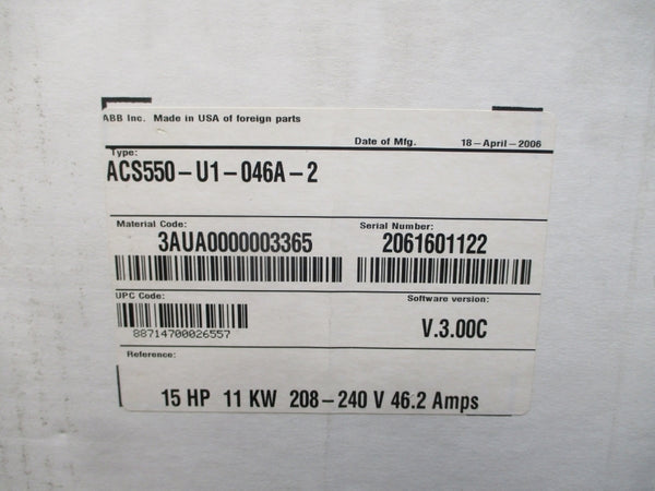 ABB ACS550-U1-046A-2 F/W V.3.00C 208-240VAC 46.2A NSMP