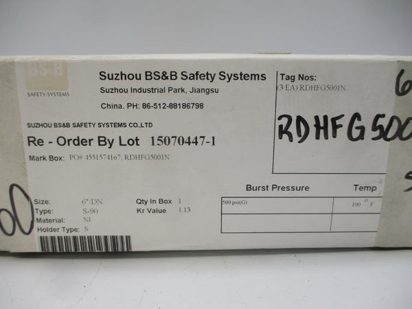 BS&B SAFETY SYSTEMS S-90 RDHFG5001N 500PSI 100'F 6" NSMP