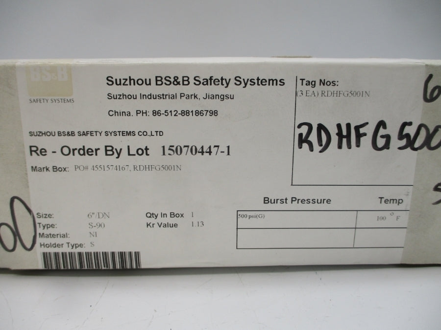 BS&B SAFETY SYSTEMS S-90 RDHFG5001N 500PSI 100'F 6" NSMP