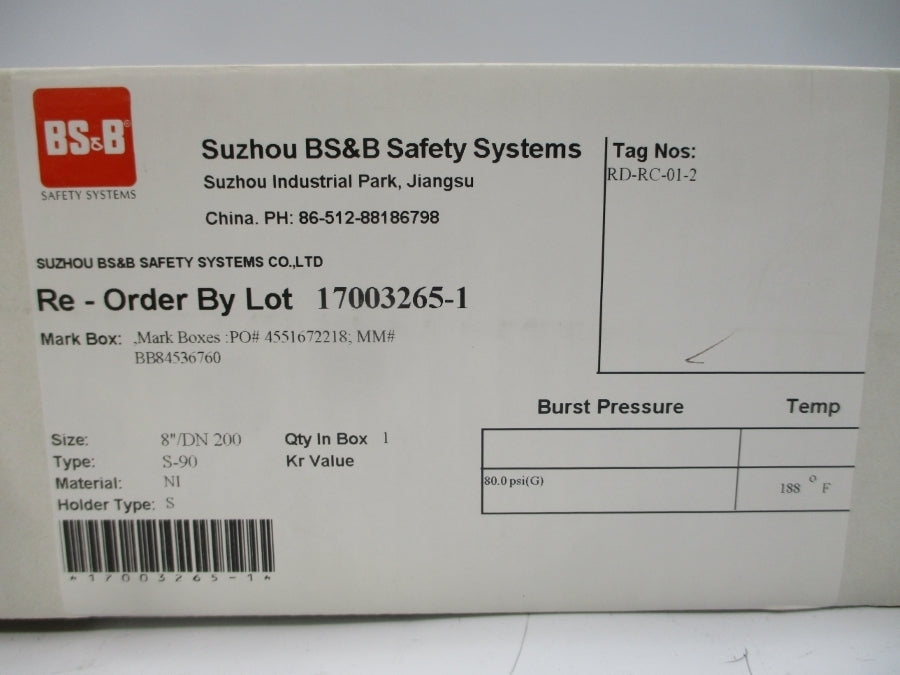 BS&B SAFETY SYSTEMS S-90 RD-RC-01-2 80.0PSI 188'F 8" NSMP