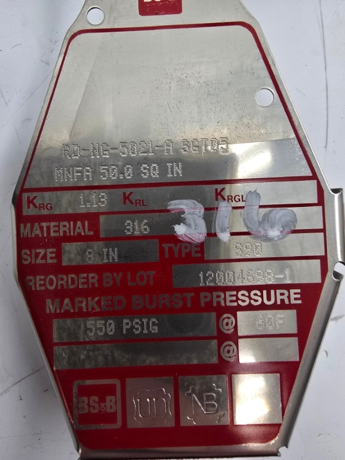 BS&B SAFETY SYSTEMS S90 RD-NG-5021-A SGT05 550PSI 60'F 8" NSMP