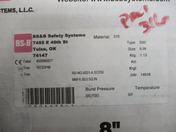 BS&B SAFETY SYSTEMS S90 RD-NG-5021-A SGT05 550PSI 60'F 8" NSMP