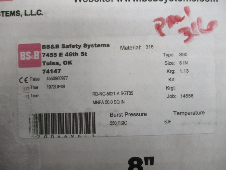 BS&B SAFETY SYSTEMS S90 RD-NG-5021-A SGT05 550PSI 60'F 8" NSMP