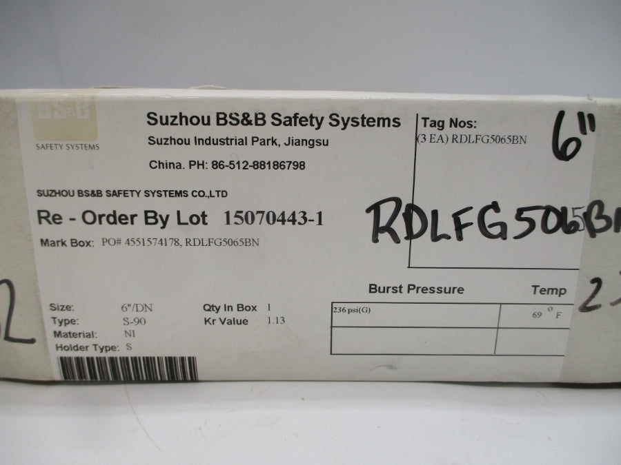 BS&B SAFETY SYSTEMS S-90 RDLFG5065BN 236PSI 69'F 6" NSMP
