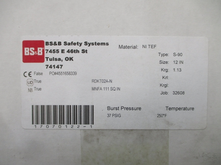 BS&B SAFETY SYSTEMS S-90 RDKT02A-N 37PSI 250'F 12" NSMP