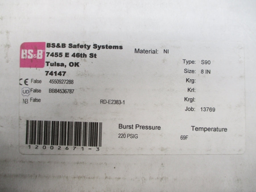 BS&B SAFETY SYSTEMS S90 RD-E2383-1 220PSI 69'F 8" NSMP