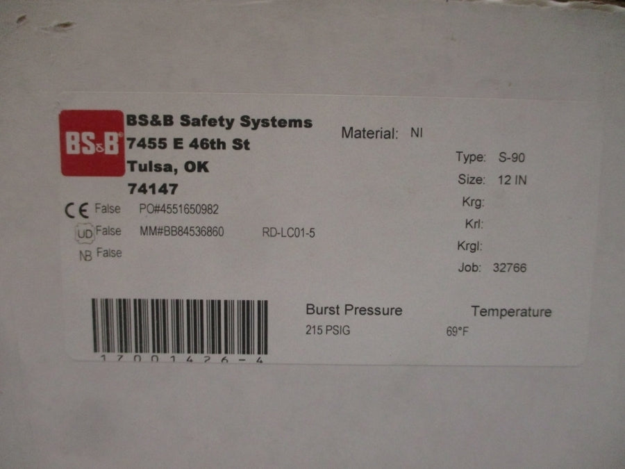 BS&B SAFETY SYSTEMS S-90 RD-LC01-5 215PSI 69'F 12" NSMP