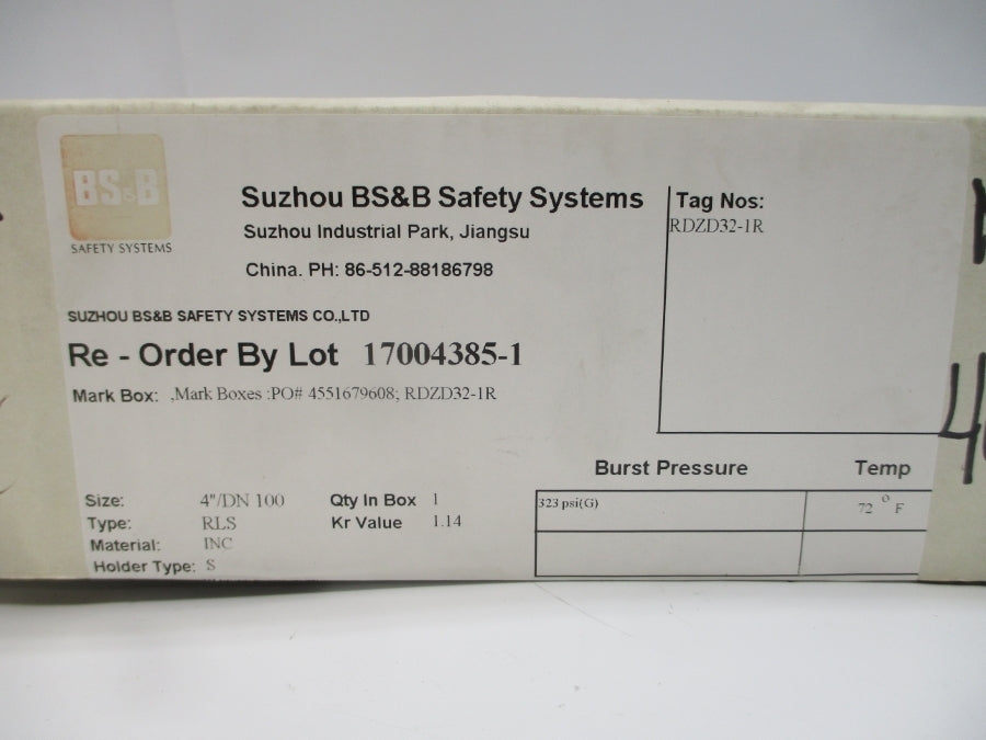 BS&B SAFETY SYSTEMS RLS RDZD32-1R 323PSI 72'F 4" NSMP