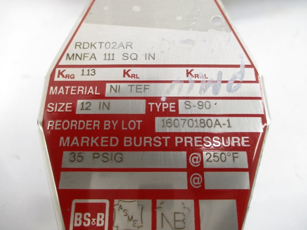 BS&B SAFETY SYSTEMS S-90 RDKT02AR 35PSI 250'F 12" NSMP