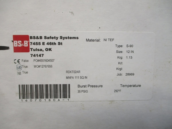 BS&B SAFETY SYSTEMS S-90 RDKT02AR 35PSI 250'F 12" NSMP
