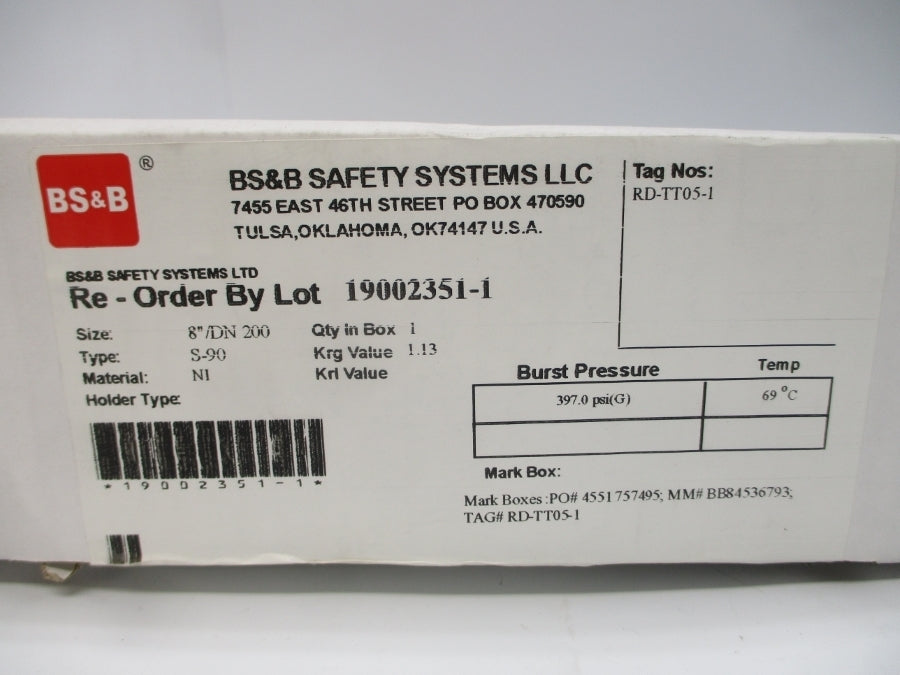 BS&B SAFETY SYSTEMS S-90 RD-TT05-1 397.0PSI 69'F 8" NSMP