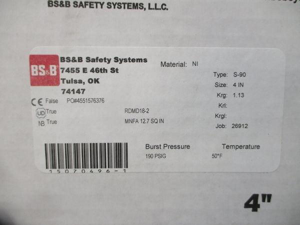 BS&B SAFETY SYSTEMS S-90 RDMD18-2 190PSI 50'F 4" NSMP