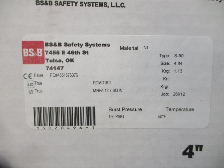 BS&B SAFETY SYSTEMS S-90 RDMD18-2 190PSI 50'F 4" NSMP