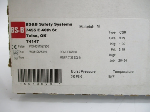BS&B SAFETY SYSTEMS CSR RDVDPR2060 395PSI 160'F 3" NSMP