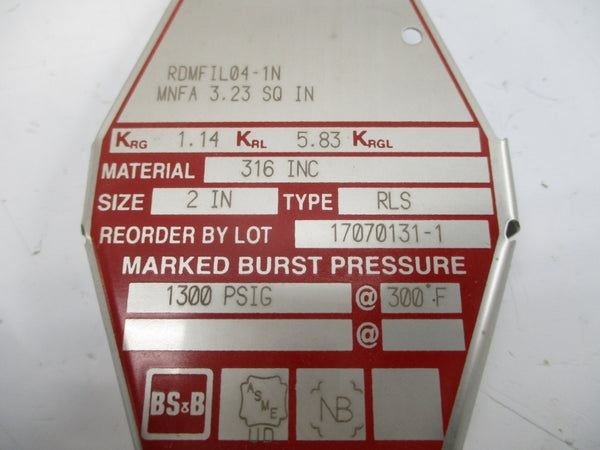 BS&B SAFETY SYSTEMS RLS RDMFIL04-1N 1300PSI 300'F 2" NSMP