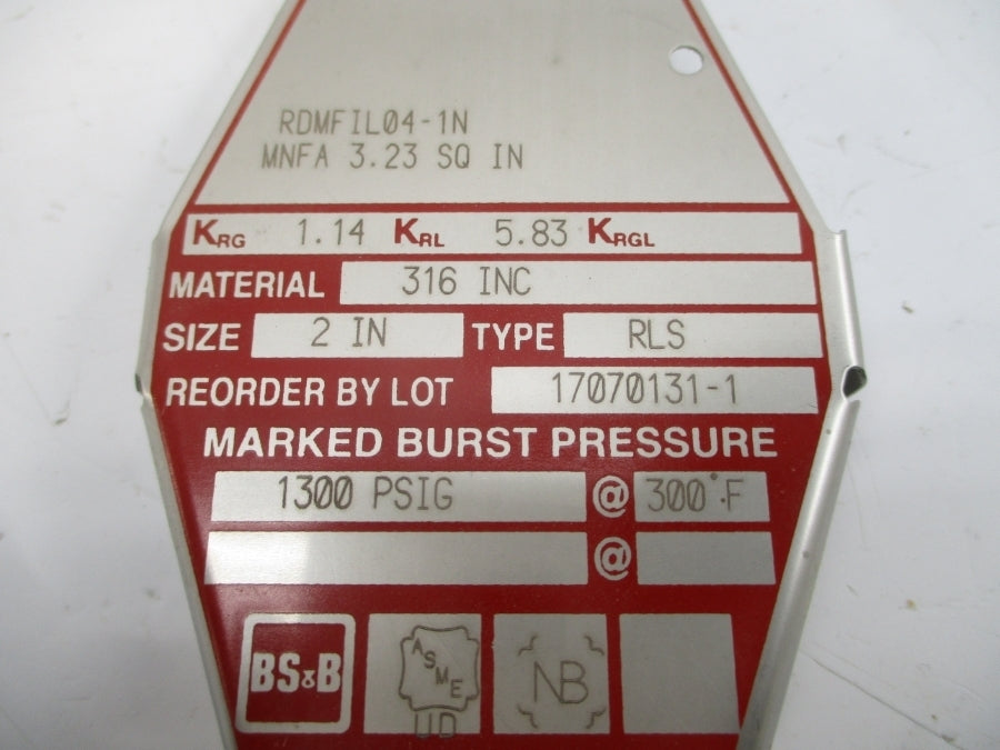 BS&B SAFETY SYSTEMS RLS RDMFIL04-1N 1300PSI 300'F 2" NSMP