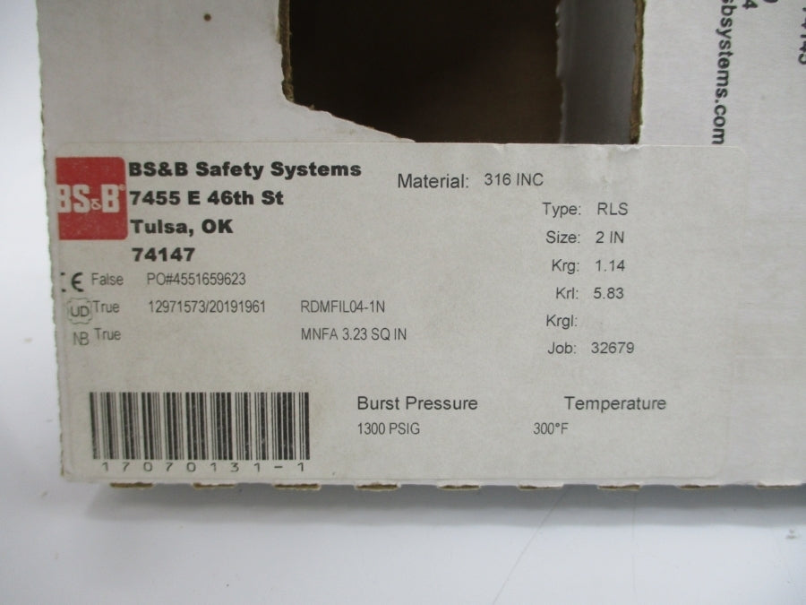 BS&B SAFETY SYSTEMS RLS RDMFIL04-1N 1300PSI 300'F 2" NSMP