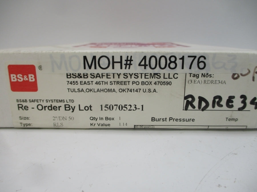 BS&B SAFETY SYSTEMS RLS RDRE34A 80.00PSI 69'F 2" NSMP