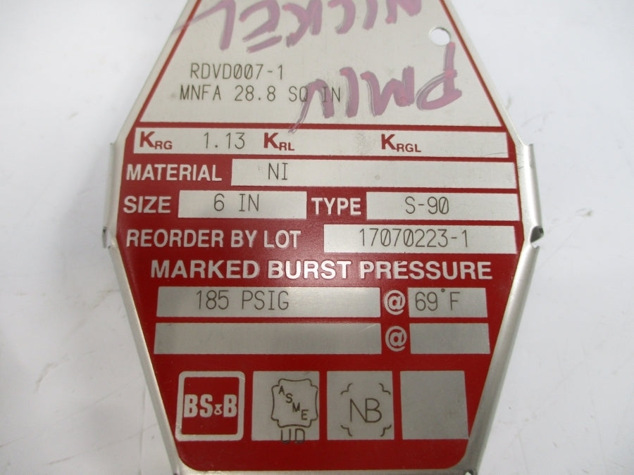 BS&B SAFETY SYSTEMS S-90 RDVD007-1 185PSI 69'F 6" NSMP