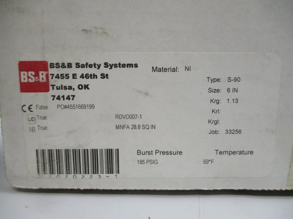 BS&B SAFETY SYSTEMS S-90 RDVD007-1 185PSI 69'F 6" NSMP
