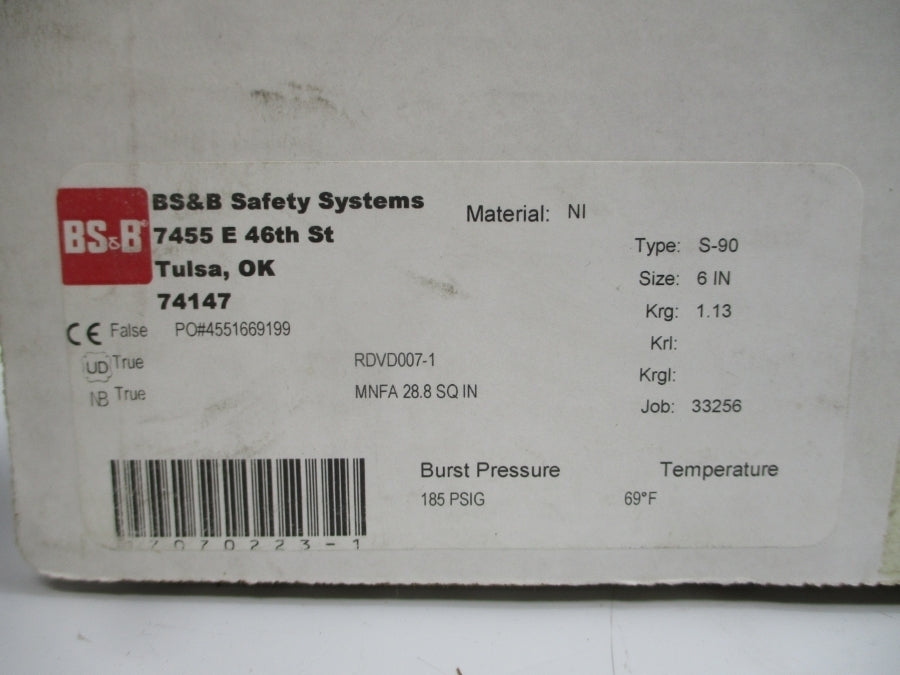 BS&B SAFETY SYSTEMS S-90 RDVD007-1 185PSI 69'F 6" NSMP