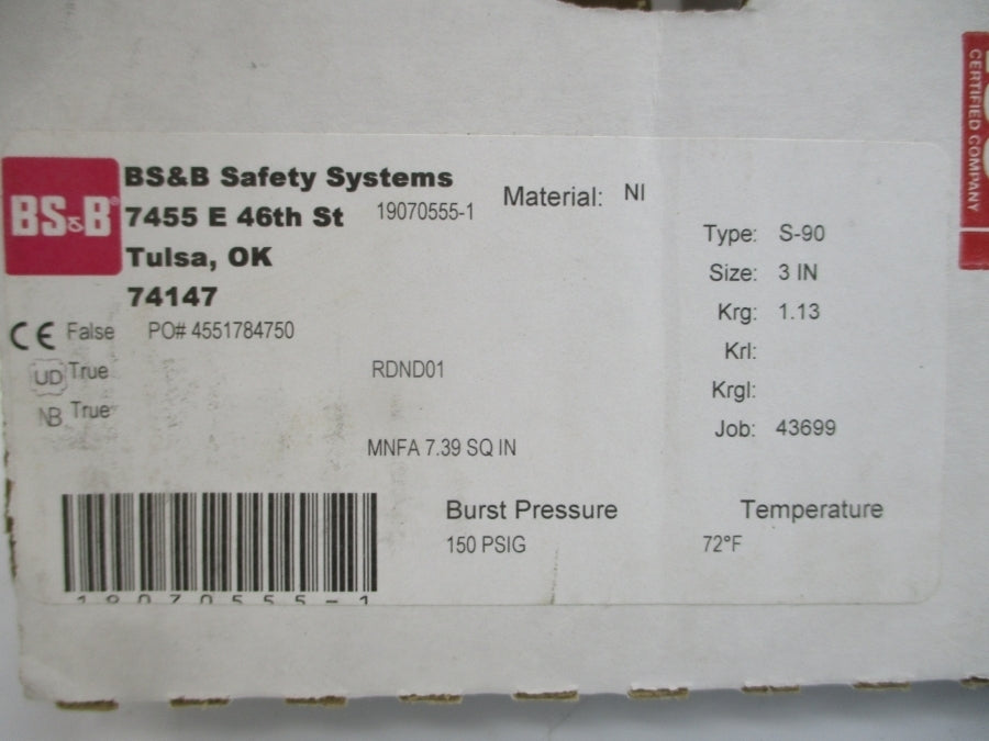 BS&B SAFETY SYSTEMS S-90 RDND01 150PSI 72'F 3" NSMP