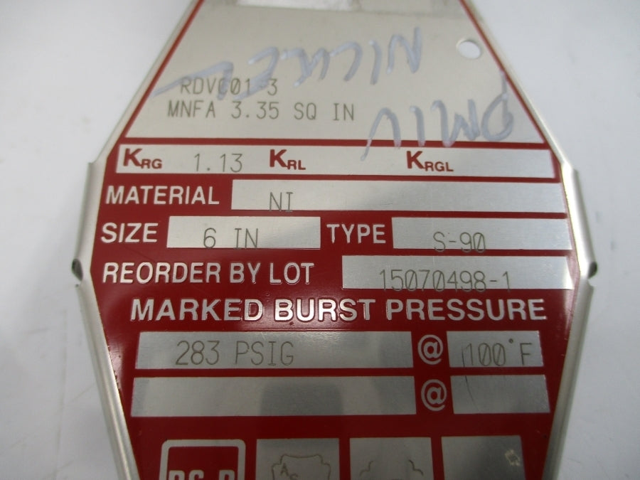 BS&B SAFETY SYSTEMS S-90 RDVC01-3 283PSI 100'F 6" NSMP