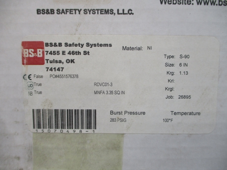 BS&B SAFETY SYSTEMS S-90 RDVC01-3 283PSI 100'F 6" NSMP