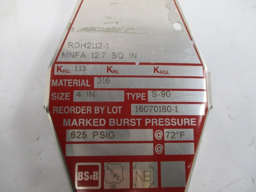 BS&B SAFETY SYSTEMS S-90 RDH2112-1 625PSI 72'F 4" NSMP