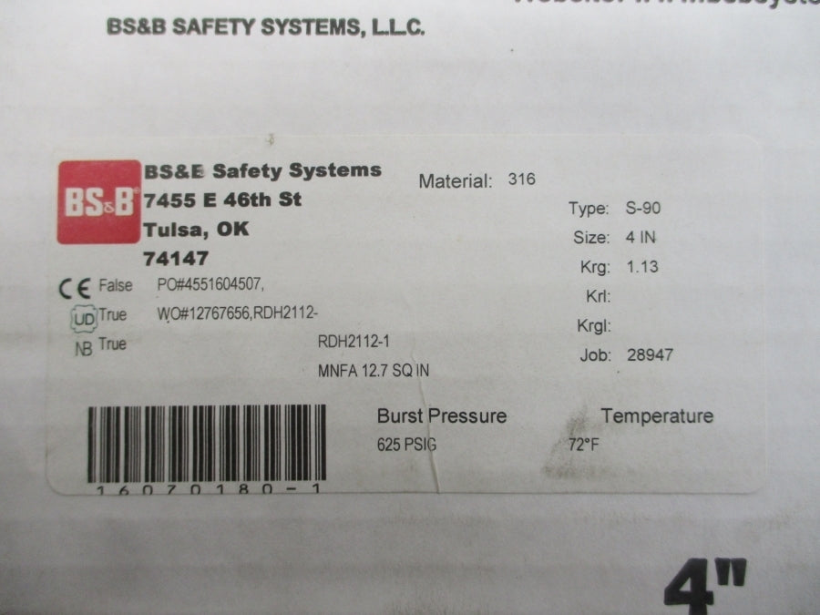BS&B SAFETY SYSTEMS S-90 RDH2112-1 625PSI 72'F 4" NSMP