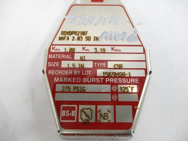 BS&B SAFETY SYSTEMS CSR RDVDPR2107 275PSI 125'F 1.5" NSMP