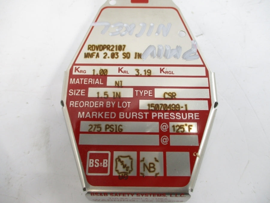 BS&B SAFETY SYSTEMS CSR RDVDPR2107 275PSI 125'F 1.5" NSMP